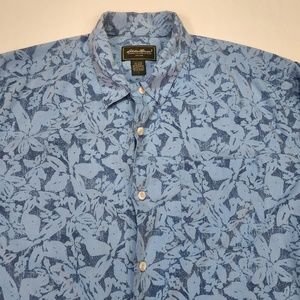 Eddie Bauer Hawaiian Button Down Men's Shirt Size Large Short Sleeve Blue